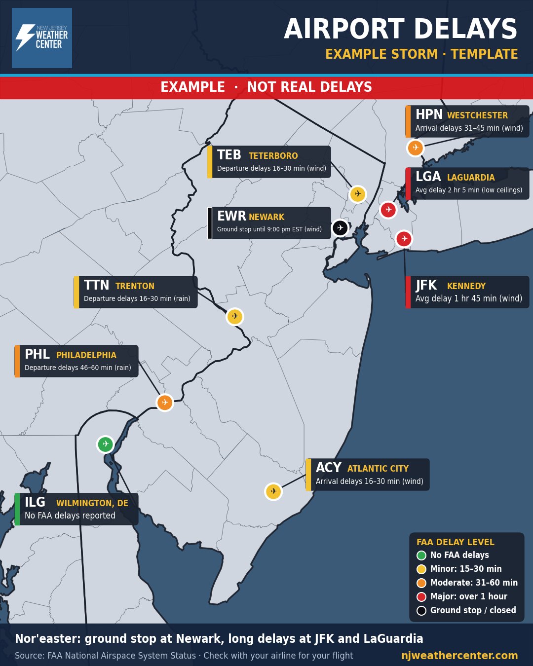 Example airport delays map, made-up storm