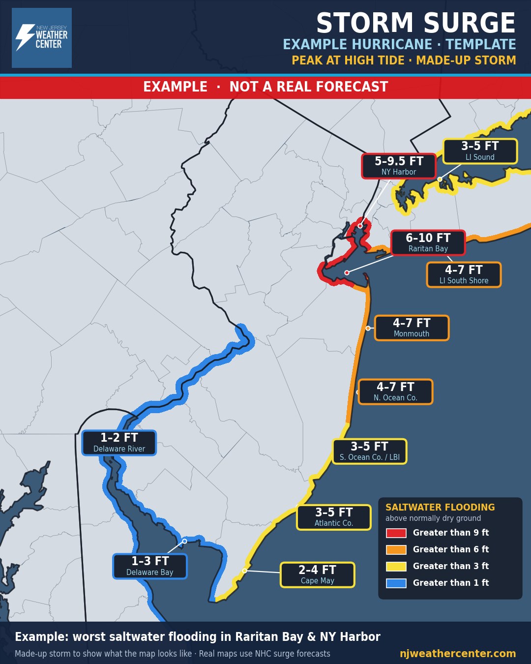 Example storm surge map: coastline colored by how deep saltwater flooding could get. Made-up storm, not a real forecast.